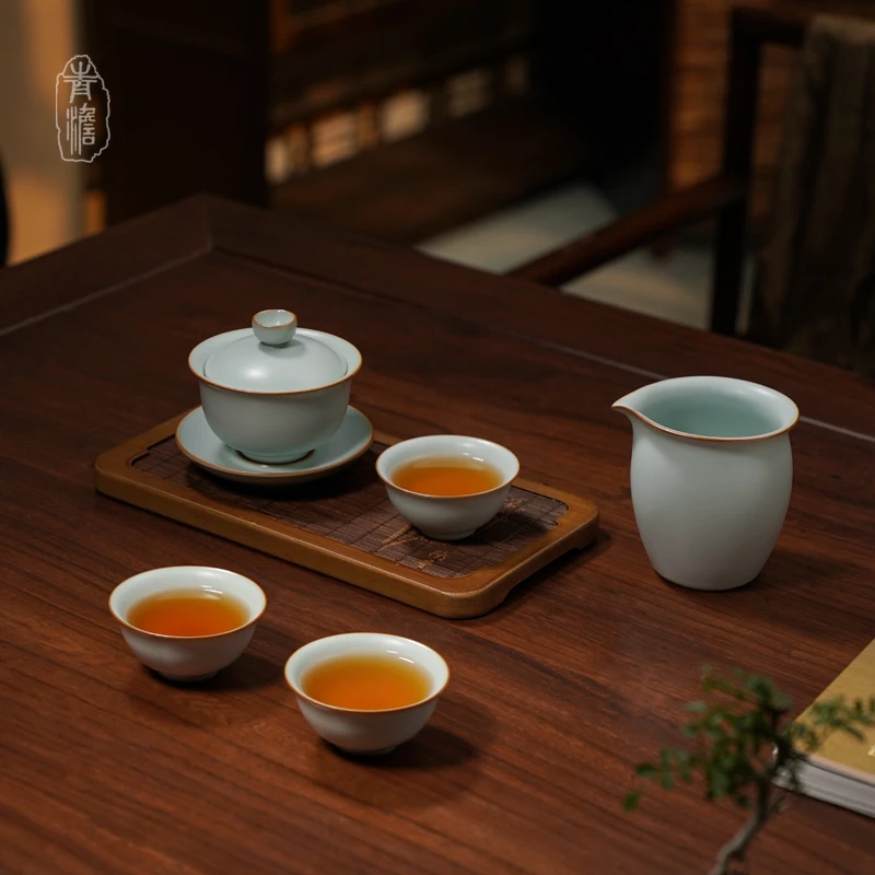 汝窑茶具套装送长辈礼品景德镇盖碗功夫茶复古瓷器随心布施茶组