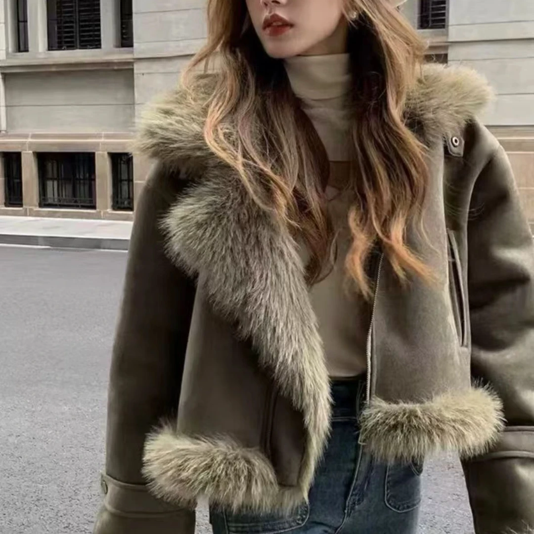 美拉德复古机车皮毛一体女款设计感休闲百搭女士加厚秋冬短款外套