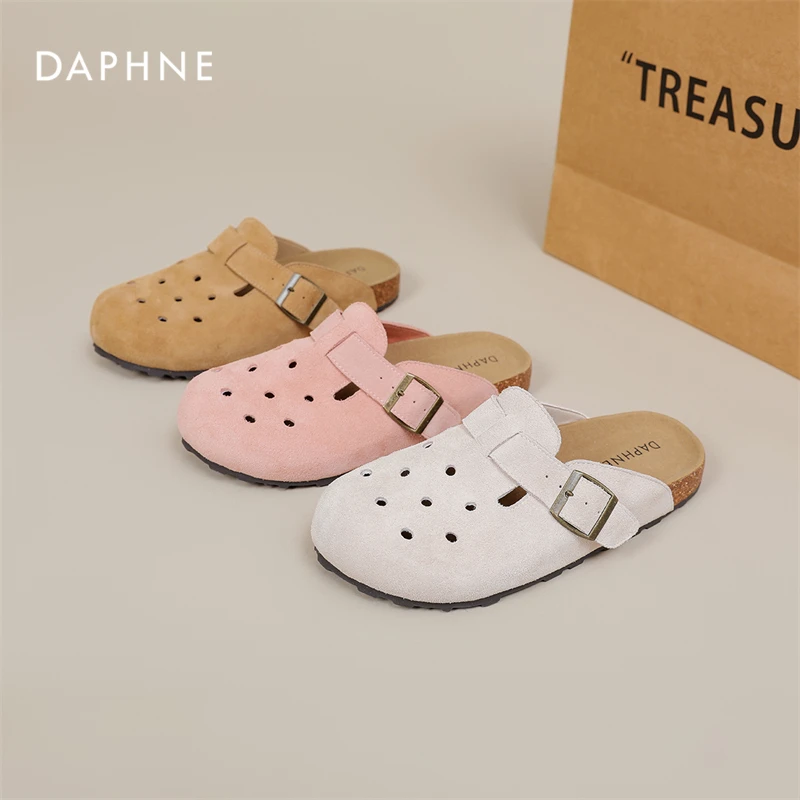达芙妮洞洞鞋勃肯鞋女2025春季新款拖鞋外穿平底复古懒人鞋真皮女