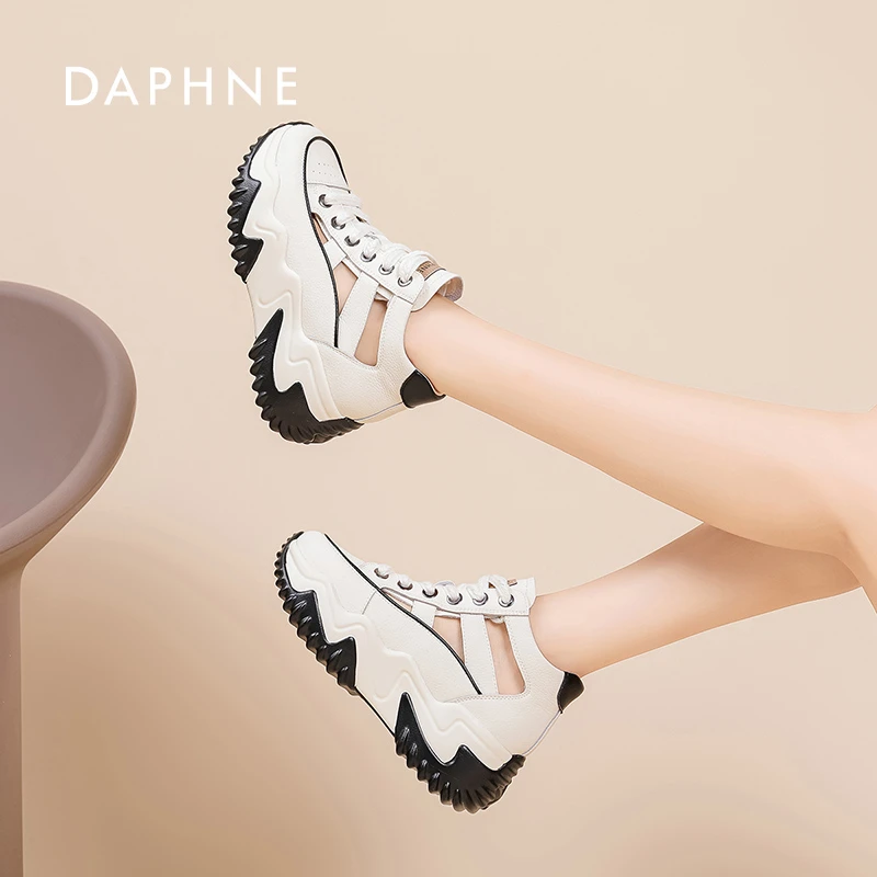 达芙妮真皮厚底框子鞋女款2025夏季镂空透气软底运动洞洞猪笼鞋潮