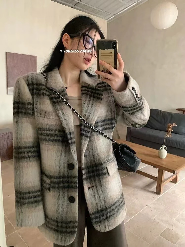 时尚韩版穿搭高级感复古千鸟格毛呢外套女秋冬中长款秋冬厚外套