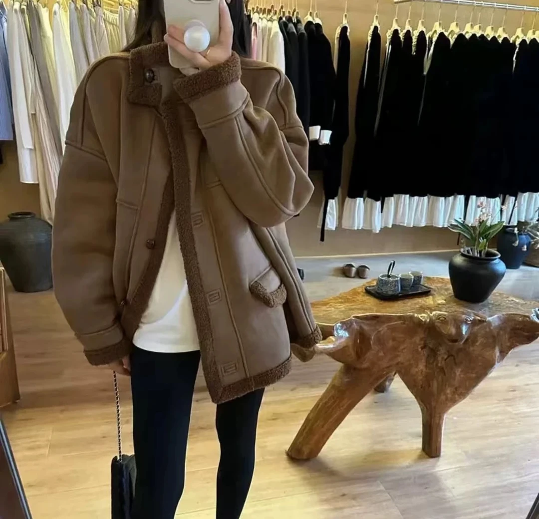 高端欧货冬季新款宽松时尚立领单排扣麂皮绒羊羔毛皮毛一体外套女