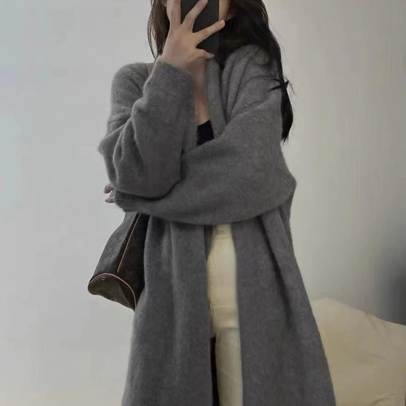 秋冬新款过膝中长款针织开衫女宽松甜美软糯温柔纯色毛衣外套