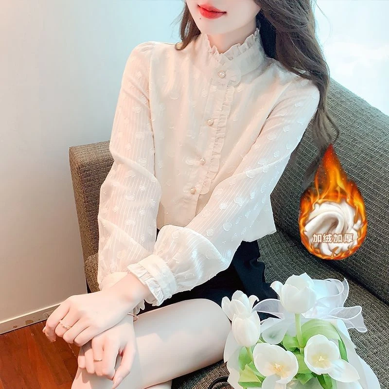 2023加绒加厚新品立领木耳边长袖衬衫气质减龄洋气舒适女式衬衫