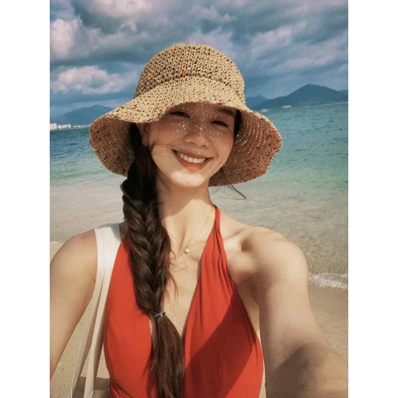 适合海边拍照的帽子女夏季沙滩遮阳防晒草编渔夫帽可折叠水桶草帽