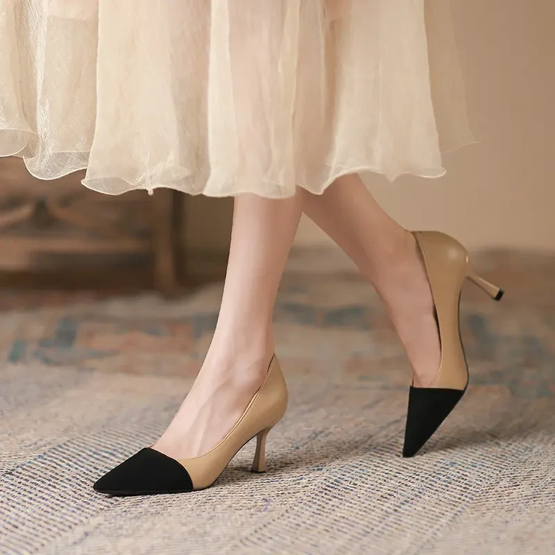 尖头细跟浅口高跟鞋女2024春秋时尚百搭不累脚设计感黑色职业女鞋