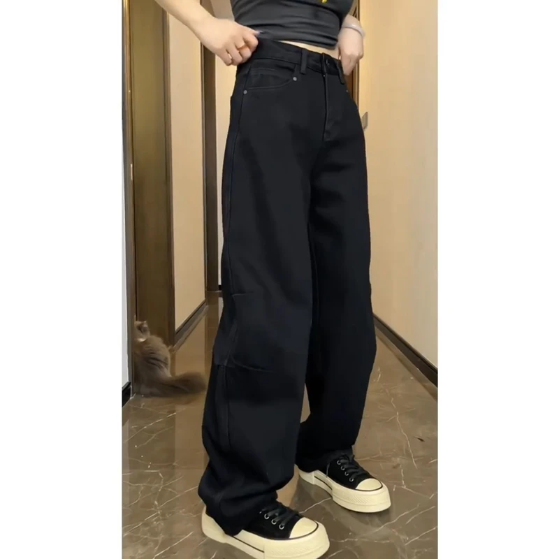 牛仔裤女2024年新款爆款秋季小个子显瘦高腰弯刀裤黑色宽松阔腿裤
