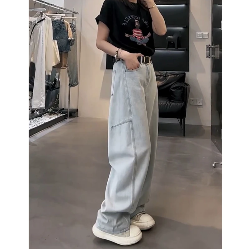 小个子蓝色牛仔裤女2025年冬季新款裤子爆款时尚弯刀裤宽松直筒裤