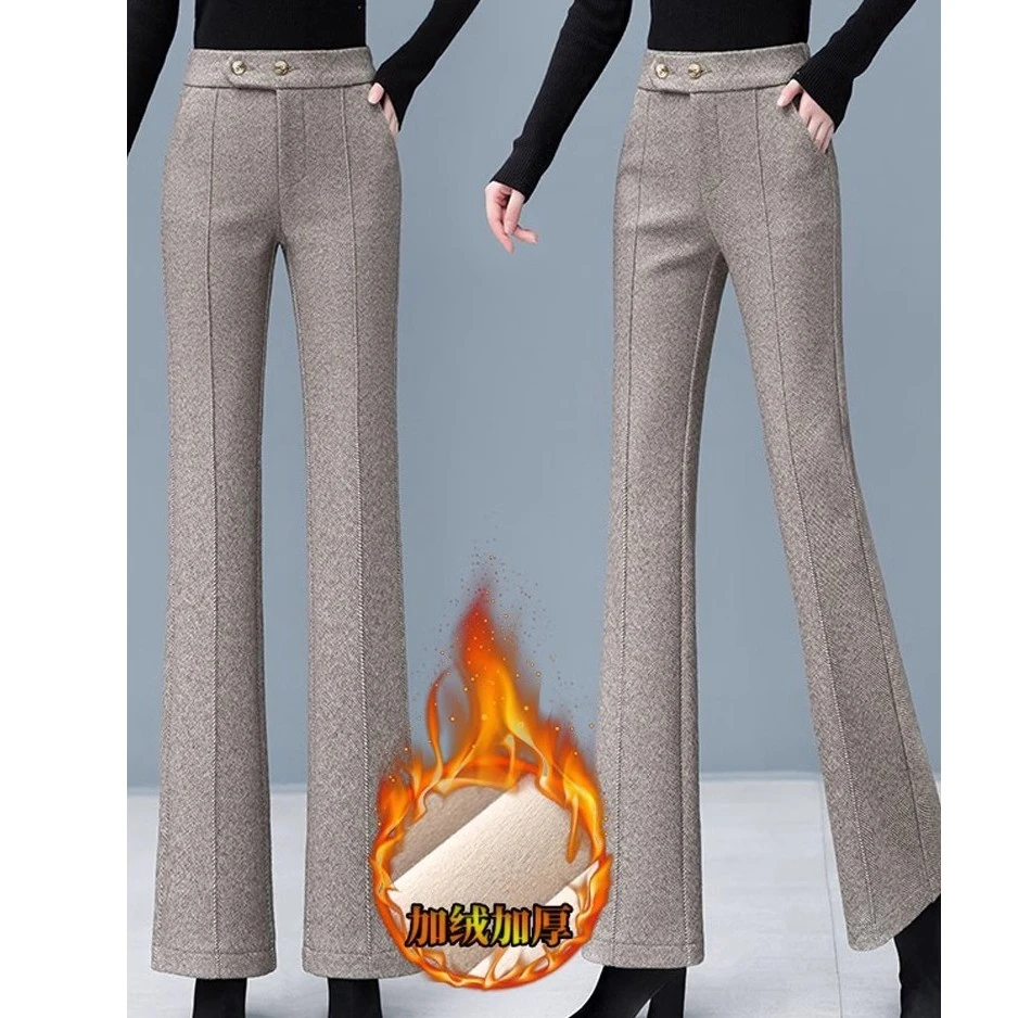 毛呢阔腿裤女装2023年秋冬季新款高腰加绒加厚直筒休闲微喇叭裤子
