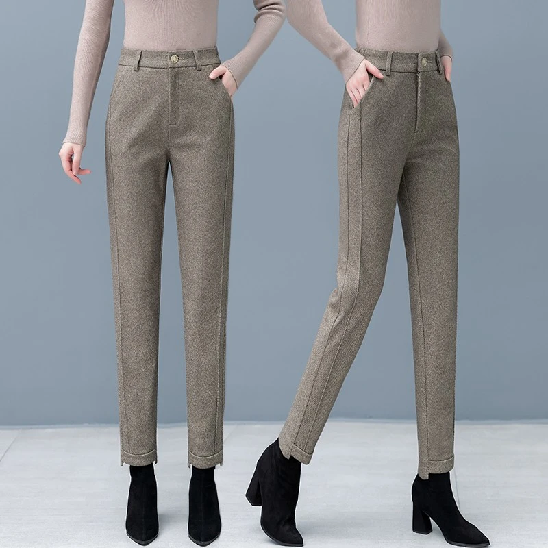 爆款加绒毛呢哈伦裤女秋冬2023新款韩版高腰显瘦休闲呢子小脚裤潮