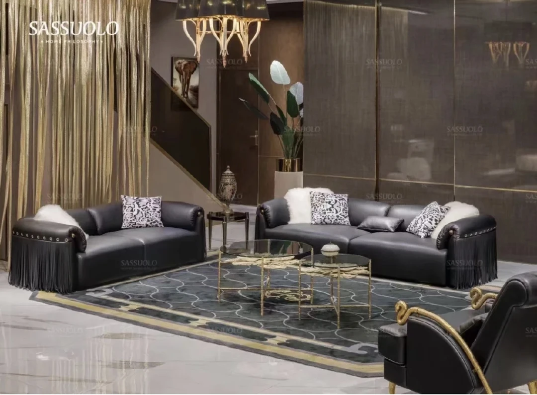 设计师款流苏沙发客厅意式轻奢豪宅别墅大平层高级感黑色真皮沙发