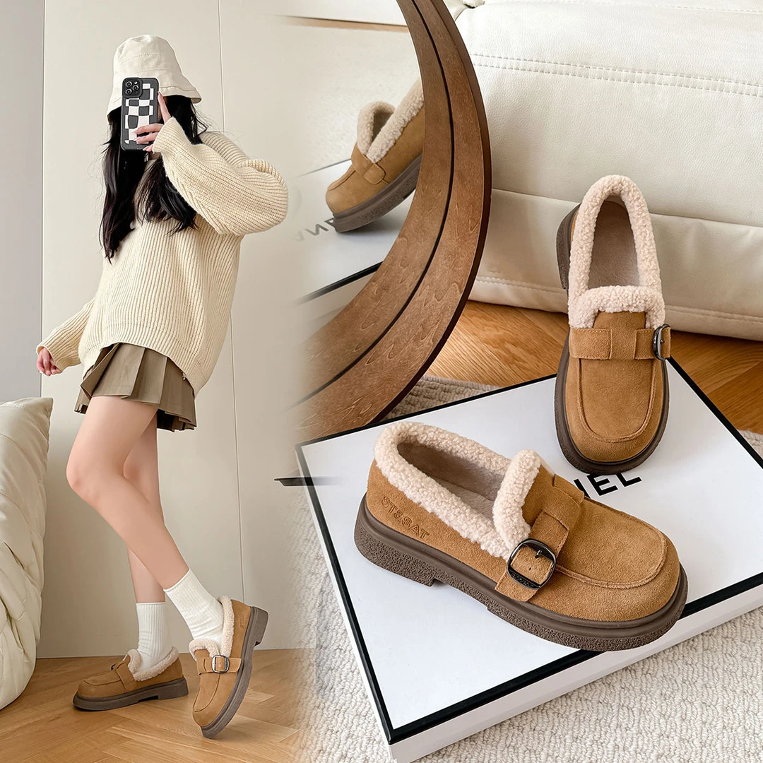 星期六真皮棉鞋女款2024冬季新款时尚厚底增高乐福鞋一脚蹬雪地靴