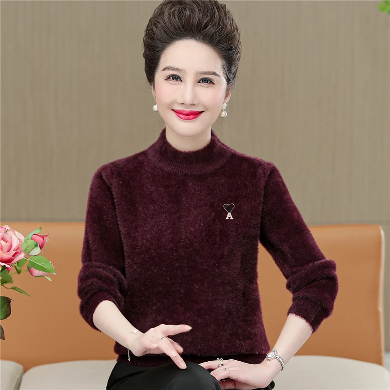 洋气妈妈装秋冬季毛衣中年长袖上衣中老年女装冬装加厚针织打底衫