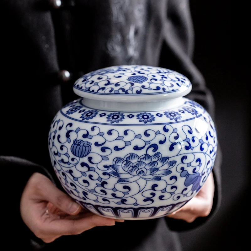 陶瓷茶叶罐家用青花瓷景德镇茶仓大小号储物罐密封罐 办公室客厅