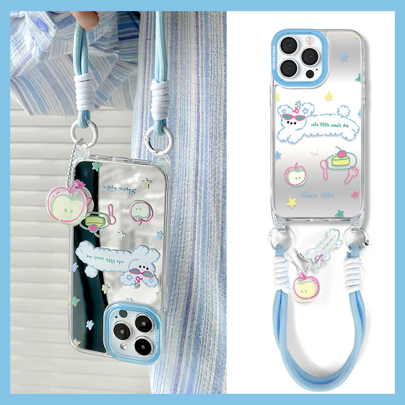 【ins镜面小狗】夏天ins镜面小狗手提绳防摔苹果手机壳iPhone15