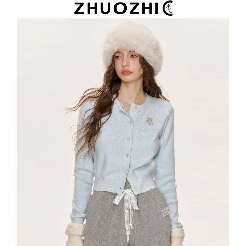 韩系温柔风奶蓝色花朵刺绣针织开衫女秋冬小个子圆领修身打底上衣