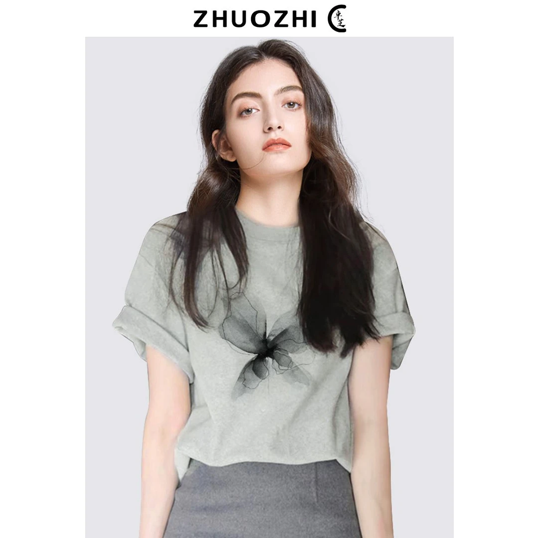 时尚显瘦设计感小众印花T恤女2025夏季休闲宽松百搭圆领短袖上衣