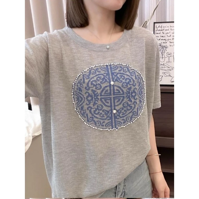 夏季女款2024新款新中式国风气质上衣高级感钉珠针织时尚短袖T恤