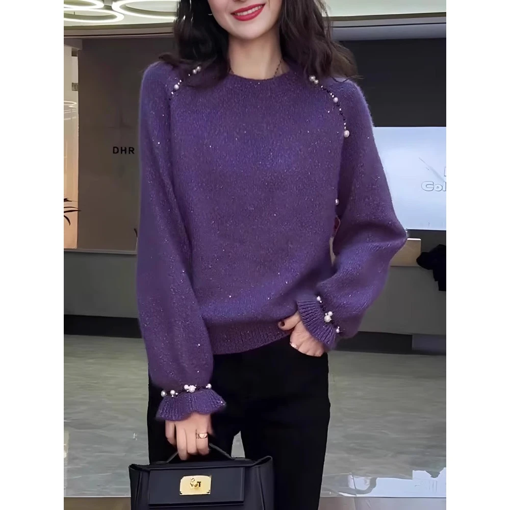 秋冬慵懒风圆领短款巨显白紫色针织衫大码毛衣欧洲站上衣冬季新款