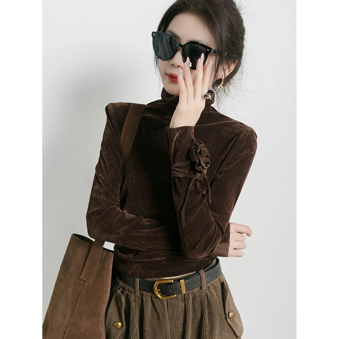 2025秋冬新款高级感系花美拉德穿搭复古高领打底衫女垫肩长袖T恤