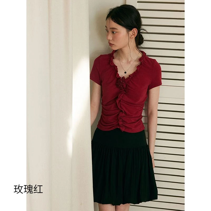 设计感手工立体玫瑰花v领荷叶边长袖t恤女2024夏季修身显瘦打底衫