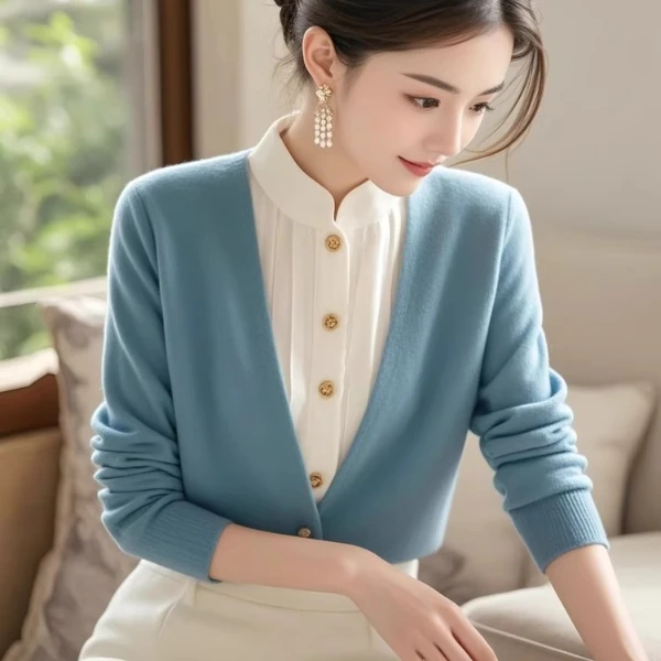 新中式国风秋冬假两件上衣蓝色针织打底衫女时尚洋气时髦2024新款