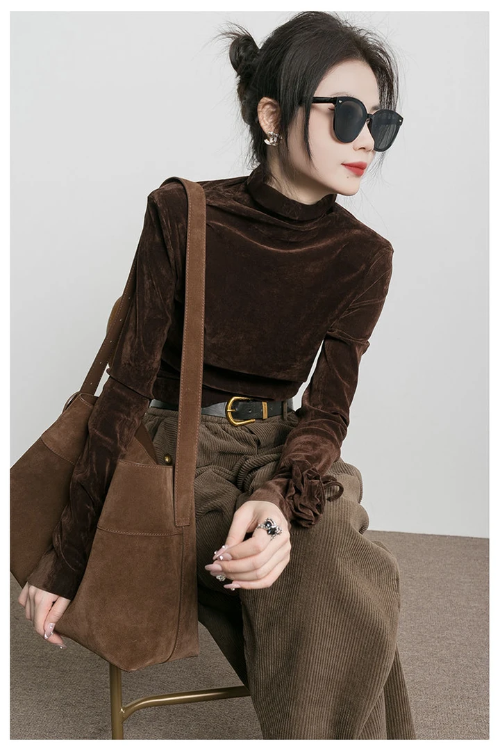 欧洲站高奢金丝绒漂亮打底衫开叉长袖T恤超显身材一字的上衣女士