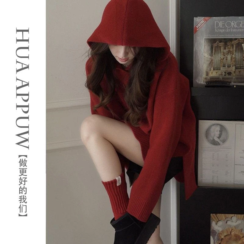 气质复古红色连帽设计感针织衫女装2025秋冬新款外套宽松中长款潮