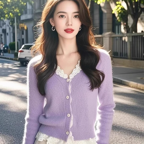休闲女2024新款韩版绝美小香风温婉风美拉德紫色针织上衣外套女
