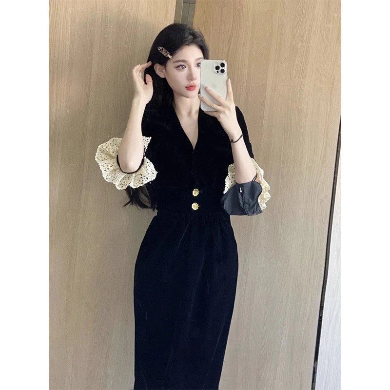 黑色法式小黑裙礼服丝女别致袖口拼接设计小众收腰显瘦丝绒连衣裙