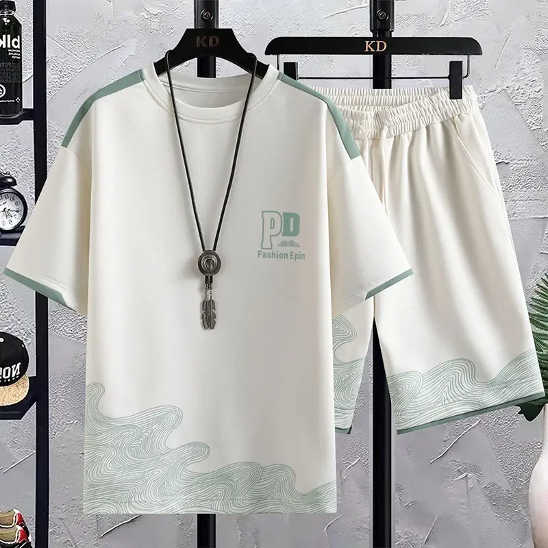 夏季潮牌短袖短裤套装男青少年宽松T恤休闲一套衣服男帅气两件装