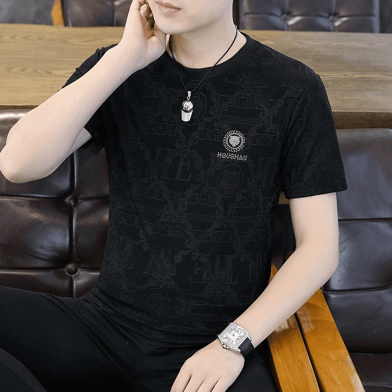 2024夏季提花冰丝速干短袖t恤男圆领薄款半袖T男款上衣潮流体恤衫