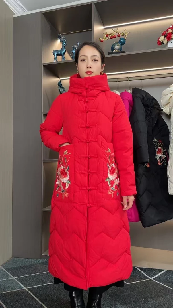 中国风宽松棉服女带拉链长款过膝冬季加厚保暖妈妈装唐装棉衣绣花