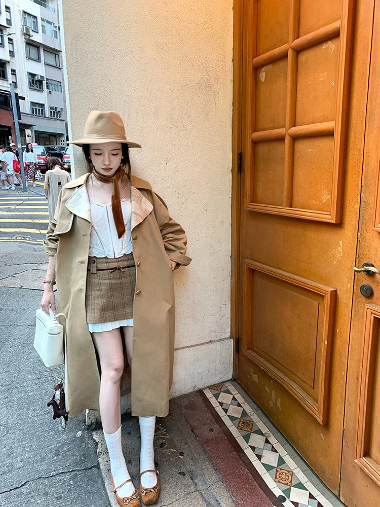 渔小平【画报风衣】英伦风中长款宽松休闲气质卡其色拼接风衣外套女