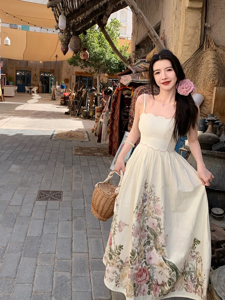 Q渔小平【野玫瑰】南法度假风亚麻刺绣吊带短袖复古花朵连衣裙长裙
