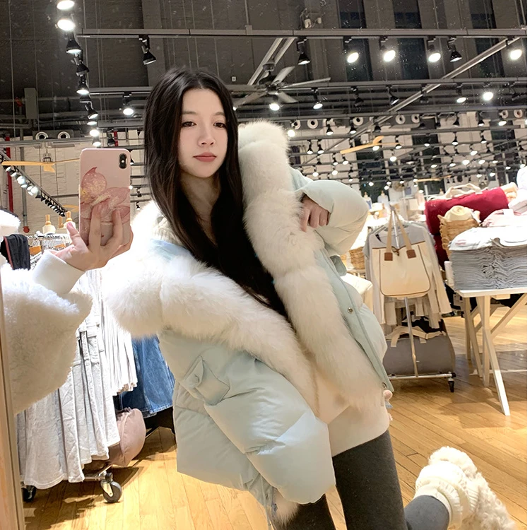 渔小平【薄荷雾凇】连帽90白鸭绒羽绒服外套真狐狸毛领可拆卸上衣女