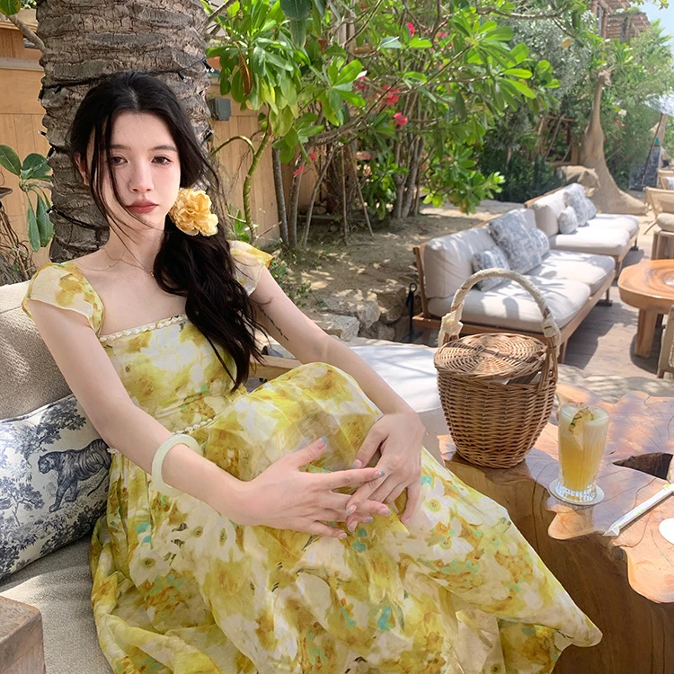 A大清仓【凯特琳】方领连衣长裙碎花收腰甜美夏季桑蚕丝亚麻
