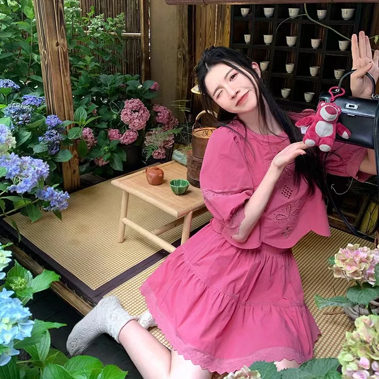 1-3大清仓！【奶油碗】气质甜美显瘦夏季短袖上衣+A字半身裙套装夏