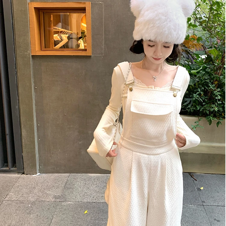 渔小平【香香背带裤】小香风纯色休闲阔腿裤宽松加厚长裤秋冬百搭女