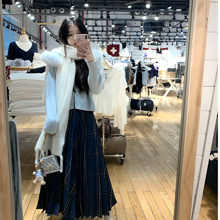 N大清仓！【小蓝格】英伦学院风手工压褶格纹半身长裙高腰显瘦大裙摆