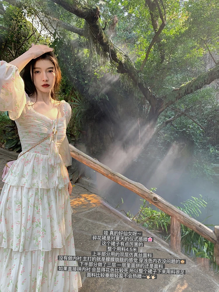 Q渔小平【陌上蔷薇】少女碎花双层蛋糕长裙气质方领连衣裙夏