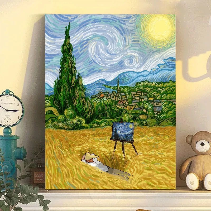 梵高星空涂色数字油画diy填色手工礼物风景画手绘油画客厅装饰画