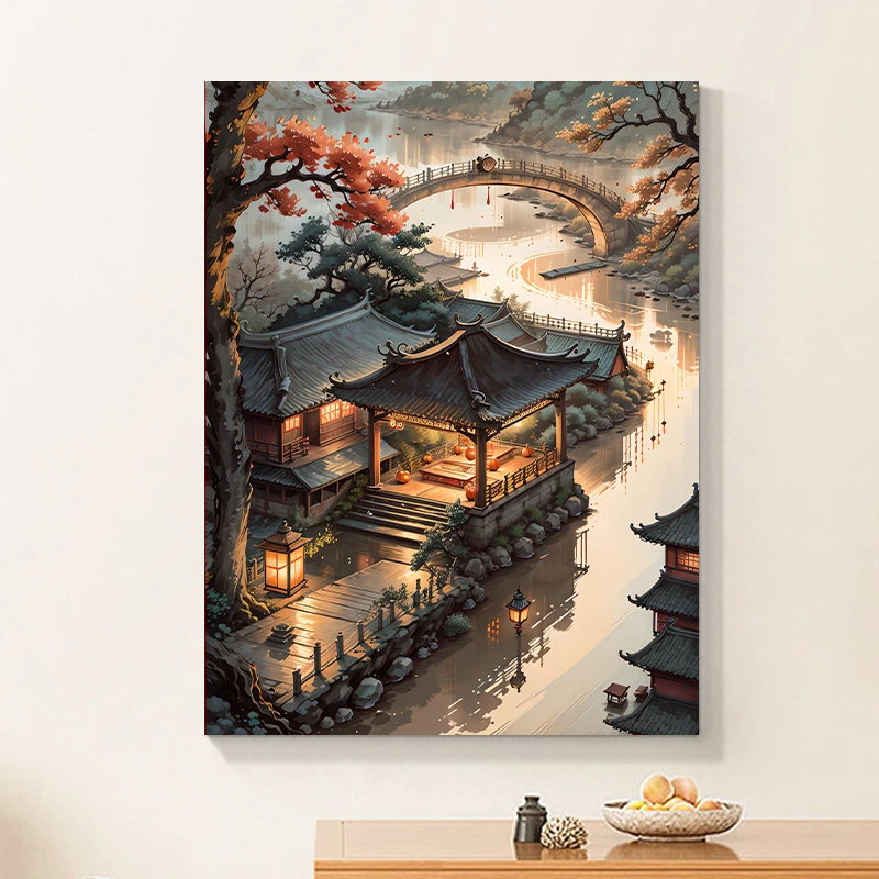 国风数字油画diy手工填色风景画油彩画高级感手绘涂色客厅装饰画