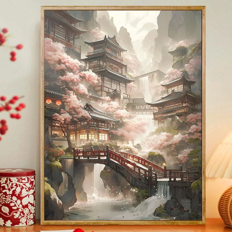 中国风山水diy数字油画风景画手工填色油彩画手绘涂色客厅装饰画