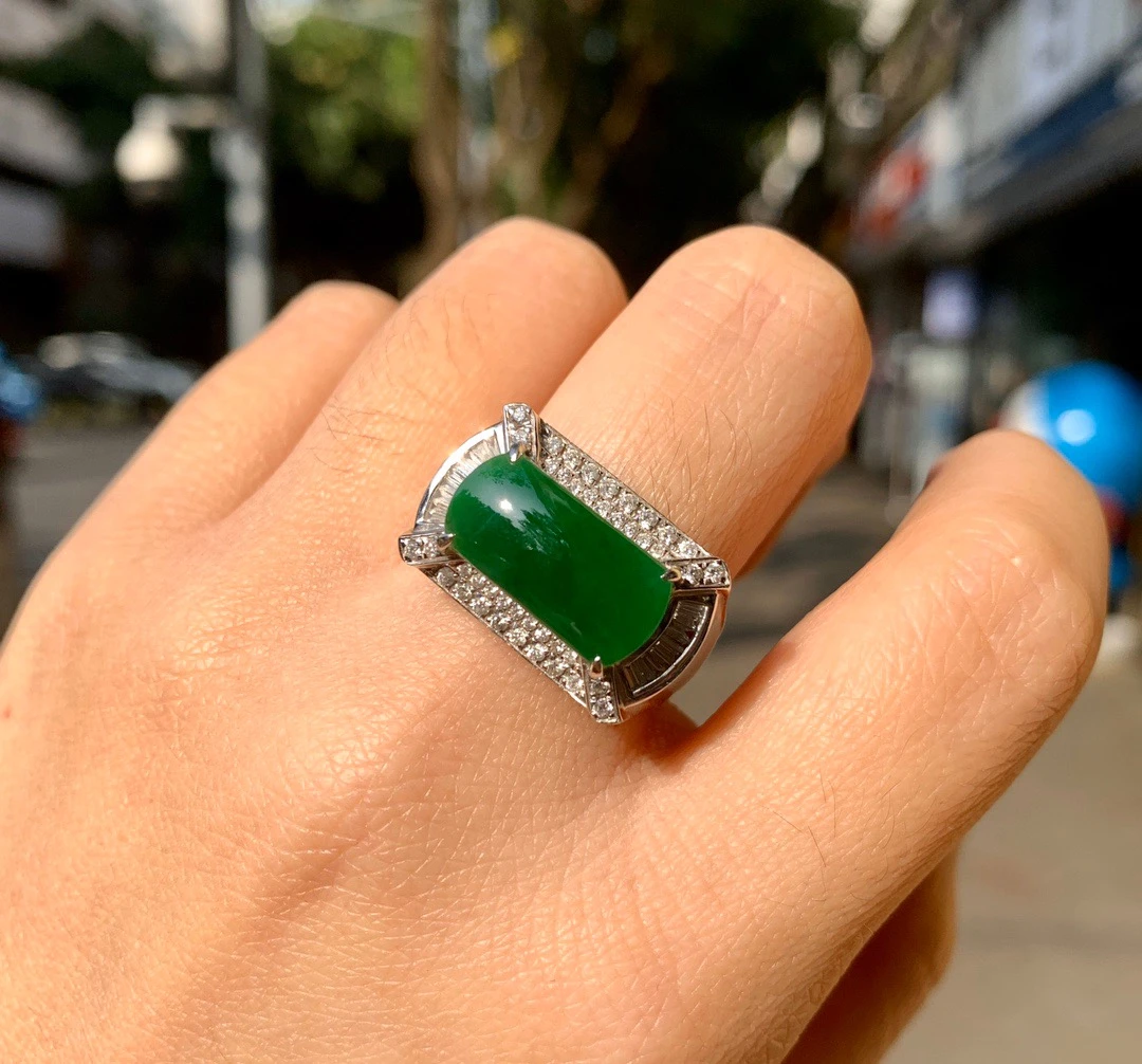 18.5号圈 翡翠菠菜绿男士马鞍戒指