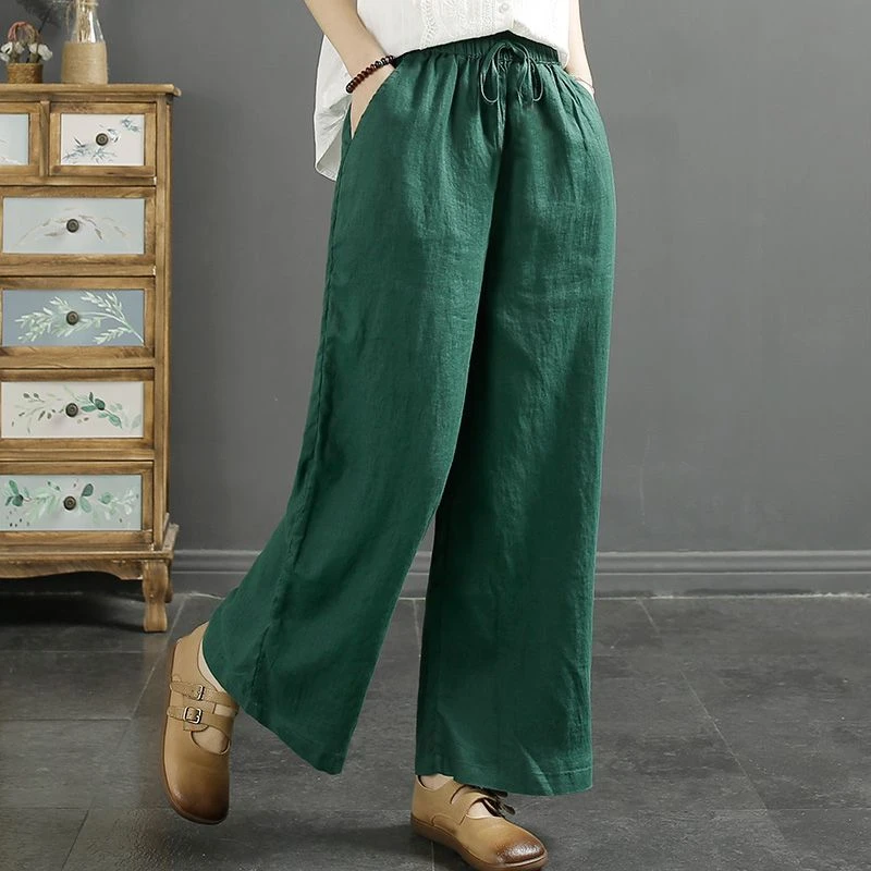 棉麻裤女夏季薄款中年妈妈裤子亚麻休闲裤2024新款大码直筒阔腿裤