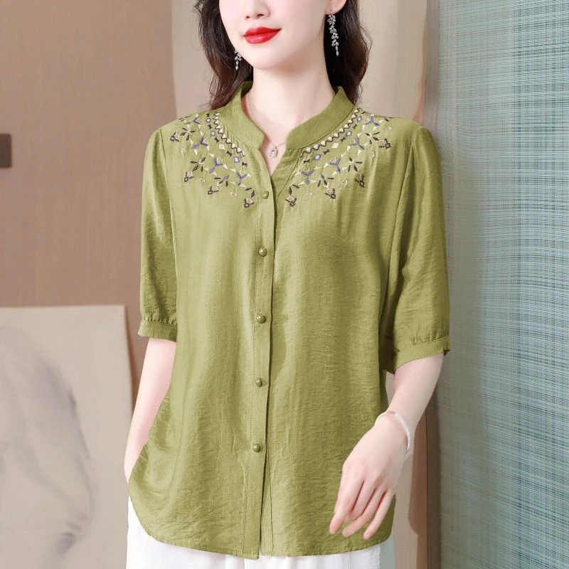 立领衬衫女短袖夏季新款宽松遮肚子小衫刺绣百搭国风气质洋气上衣