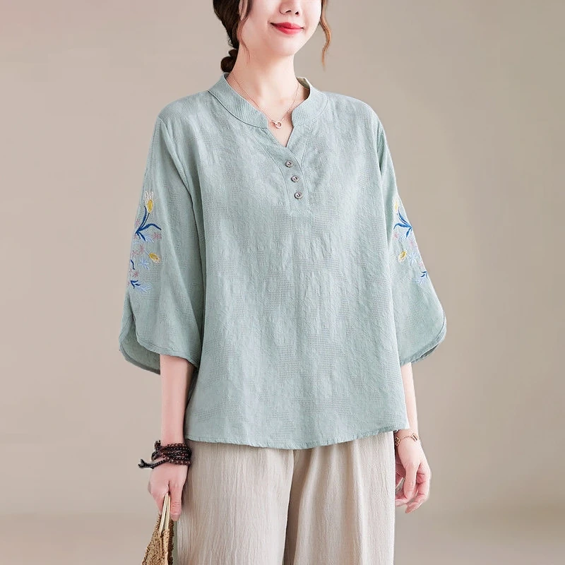 大码夏装2024新款中式轻国风妈妈棉麻五分袖t恤宽松洋气减龄上衣