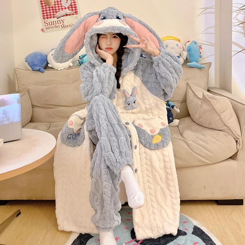 加绒冬季冬款冬天家居服加厚珊瑚绒睡衣套装2025新款法兰绒睡袍爆