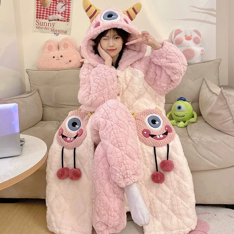 可外穿三层夹棉珊瑚绒睡衣女冬季加厚加绒法兰绒长款睡袍家居服